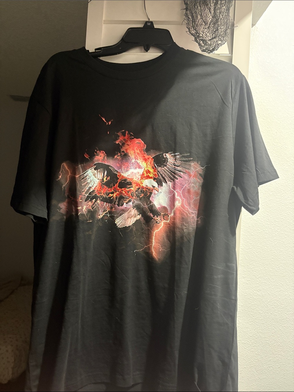 Black Short-Sleeve Graphic Tee with Flaming Eagle Motif